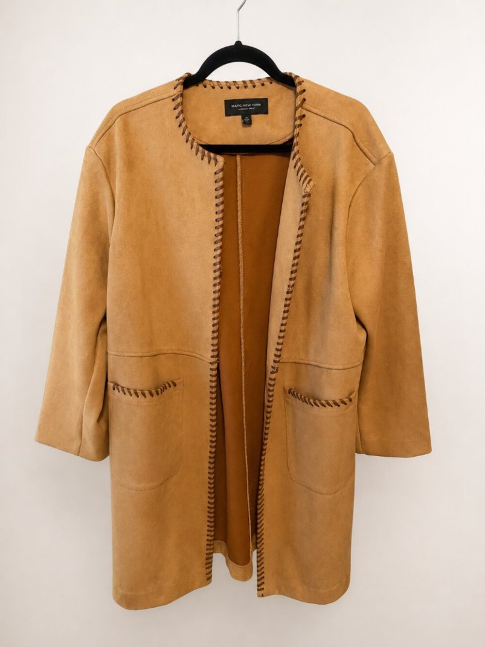 Marc New York Andrew Marc Camel Faux Suede Whipstitch Open Front Coatigan Size L